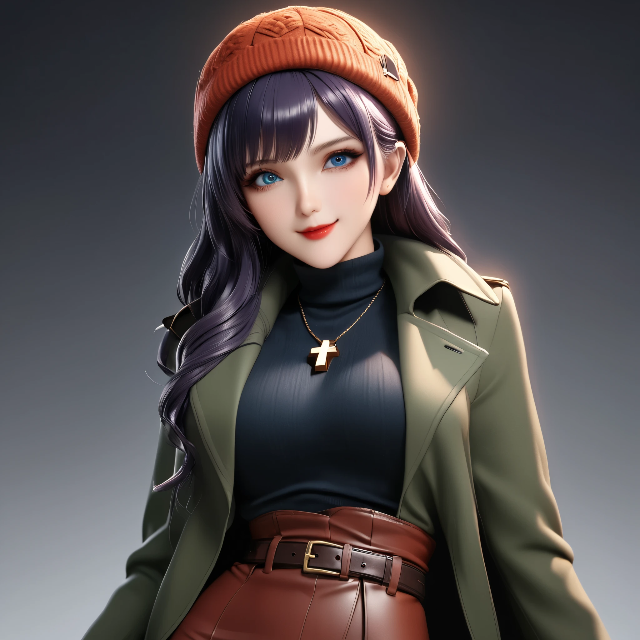 portrait quality, 8k,masterpiece, CGSTATION, hyper CG style, A 8k anime drawing style, 3D rendering, INTRICATE, hyper detailed, blue eyes, dark purple hair, hair long, MISATO KATSURAGI, medium bust, shiny skin, 27 years old, a woman, navel, sensual smile, red lips, super detailed skin, super beautiful eyes, cross necklace, She is wearing a long, tight-fitting coat, the coat is wool, tied at the waist with a belt, emerald green coat. should reach just above the knees, silk blouse with a V-neckline under the coat, a velvet pencil skirt, combined with high-quality opaque tights, high-heeled suede boots in colors that match the coat, shawl cashmere, Tight leather gloves in dark tones, Knitted hat in a soft material like wool,