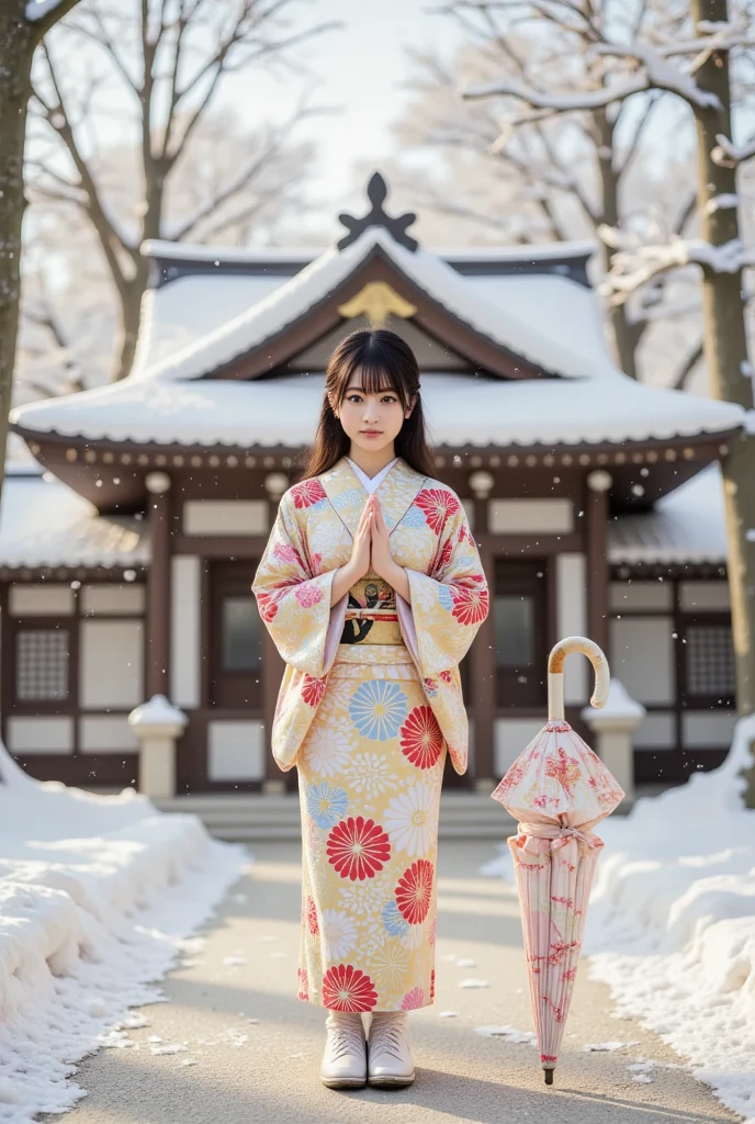 A cute and beautiful young Japanese woman wearing a festive kimono, prays at a snow-covered shrine, (masterpiece, best quality 1.4), (8k, RAW photo:1.2), (realistic, photo realistic:1.4), ultra-high resolution, (high-definition 8K wallpaper), detailed face and eyes, big beautiful eyes, soft lighting, dynamic angle, (kimono, juban, haori, boots, umbrella:1.2), (snowy New Year's shrine).