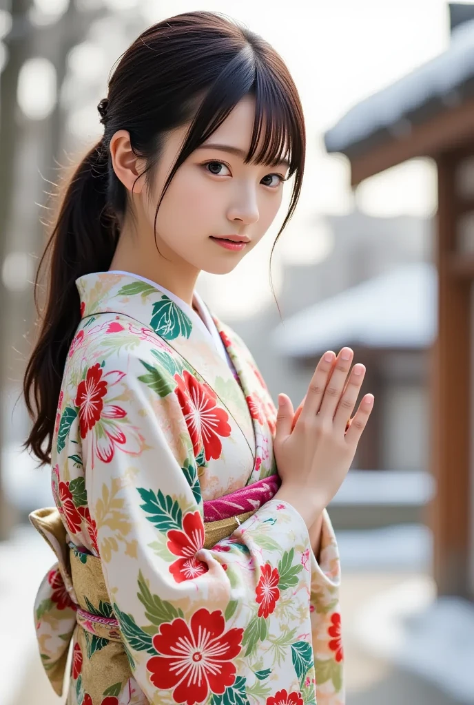 A cute and beautiful young Japanese woman wearing a festive kimono, prays at a snow-covered shrine, (masterpiece, best quality 1.4), (8k, RAW photo:1.2), (realistic, photo realistic:1.4), ultra-high resolution, (high-definition 8K wallpaper), detailed face and eyes, big beautiful eyes, soft lighting, dynamic angle, (kimono, juban, haori, boots, umbrella:1.2), (snowy New Year's shrine).