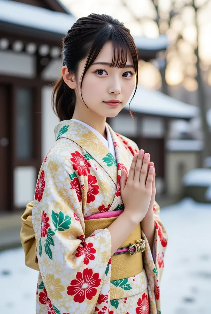 A cute and beautiful young Japanese woman wearing a festive kimono, prays at a snow-covered shrine, (masterpiece, best quality 1.4), (8k, RAW photo:1.2), (realistic, photo realistic:1.4), ultra-high resolution, (high-definition 8K wallpaper), detailed face and eyes, big beautiful eyes, soft lighting, dynamic angle, (kimono, juban, haori, boots, umbrella:1.2), (snowy New Year's shrine).