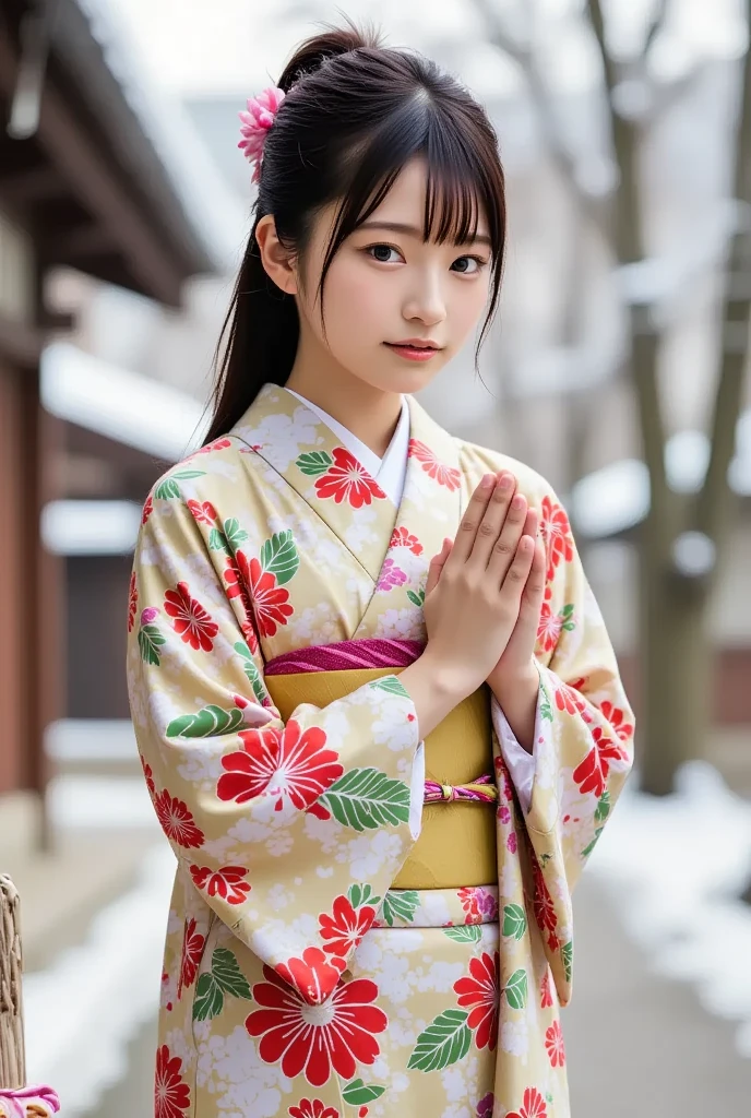 A cute and beautiful young Japanese woman wearing a festive kimono, prays at a snow-covered shrine, (masterpiece, best quality 1.4), (8k, RAW photo:1.2), (realistic, photo realistic:1.4), ultra-high resolution, (high-definition 8K wallpaper), detailed face and eyes, big beautiful eyes, soft lighting, dynamic angle, (kimono, juban, haori, boots, umbrella:1.2), (snowy New Year's shrine).