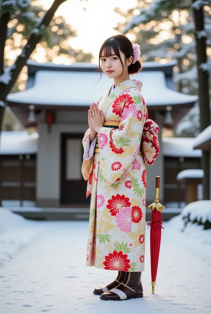 A cute and beautiful young Japanese woman wearing a festive kimono, prays at a snow-covered shrine, (masterpiece, best quality 1.4), (8k, RAW photo:1.2), (realistic, photo realistic:1.4), ultra-high resolution, (high-definition 8K wallpaper), detailed face and eyes, big beautiful eyes, soft lighting, dynamic angle, (kimono, juban, haori, boots, umbrella:1.2), (snowy New Year's shrine).