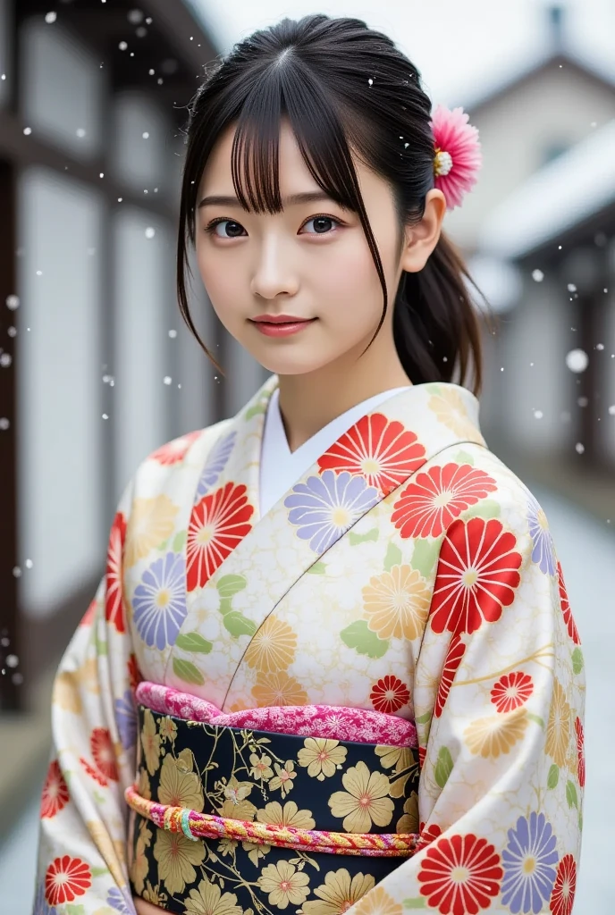 A lovely and pretty young Japanese woman in a vibrant kimono, offers prayers in a snowstorm at a Japanese temple, (masterpiece, best quality 1.4), (8k, RAW photo:1.2), (realistic, photo realistic:1.4), ultra-high resolution, (high-definition 8K wallpaper), portrait, sweet smile, bokeh snow, (kimono, koshiobi, kanzashi, warm tabi, snow boots:1.2), (snowy New Year's celebration).