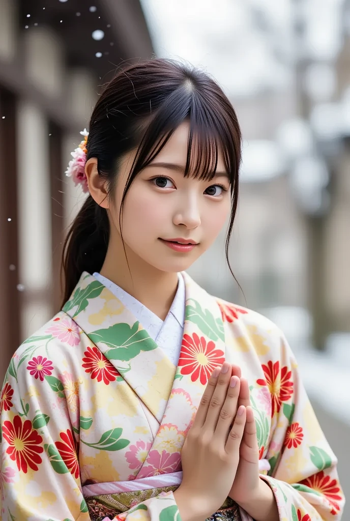 A lovely and pretty young Japanese woman in a vibrant kimono, offers prayers in a snowstorm at a Japanese temple, (masterpiece, best quality 1.4), (8k, RAW photo:1.2), (realistic, photo realistic:1.4), ultra-high resolution, (high-definition 8K wallpaper), portrait, sweet smile, bokeh snow, (kimono, koshiobi, kanzashi, warm tabi, snow boots:1.2), (snowy New Year's celebration).