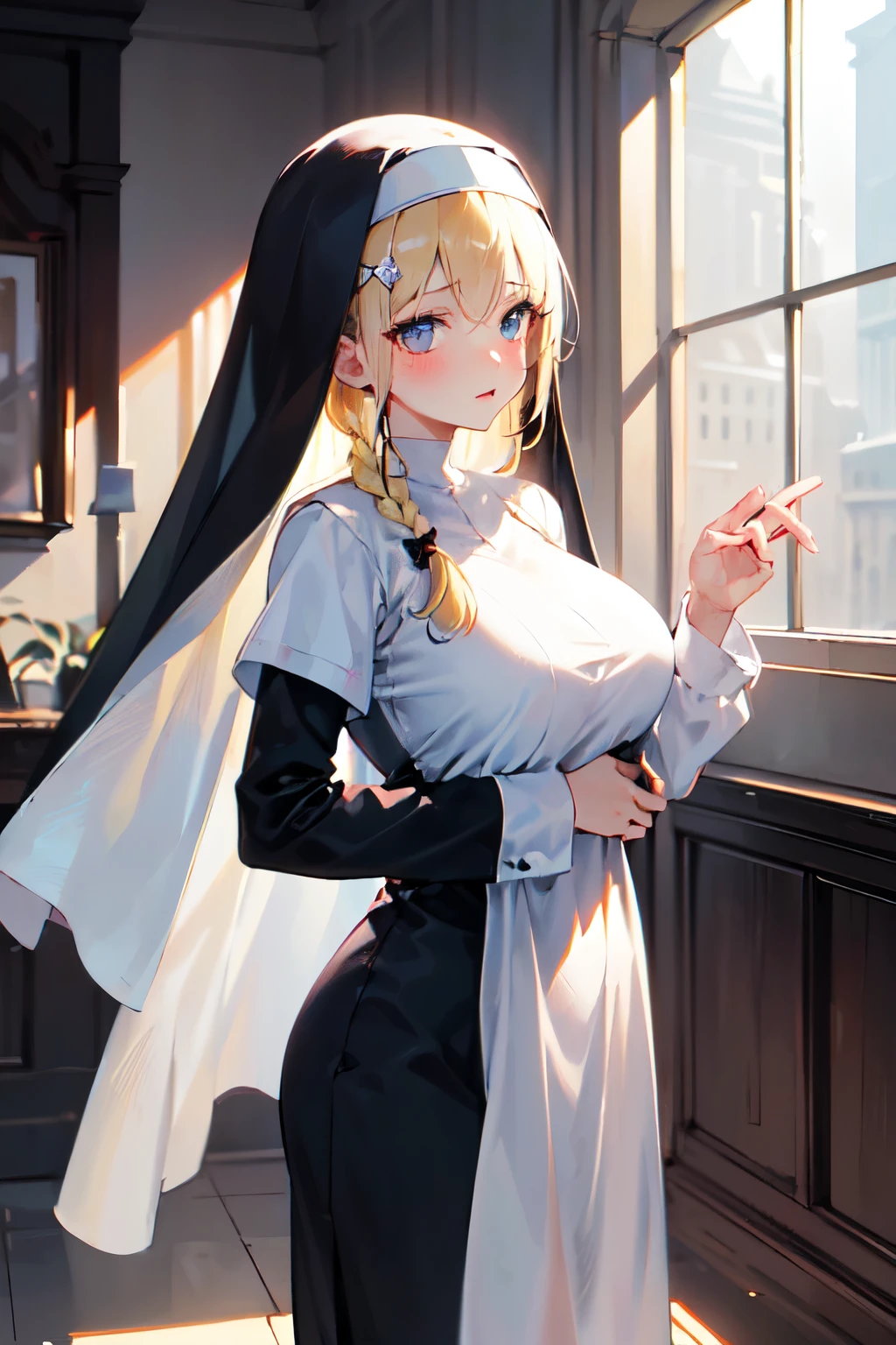 ((master piece)), best quality, (8k, best quality, masterpiece:1.2), ultra-detailed, illustration, female, nun, beauty, perfect face, perfect hair, veil, breast, blonde, sensual, indoor, Braid, Backlighting, God Rays, Blush, 