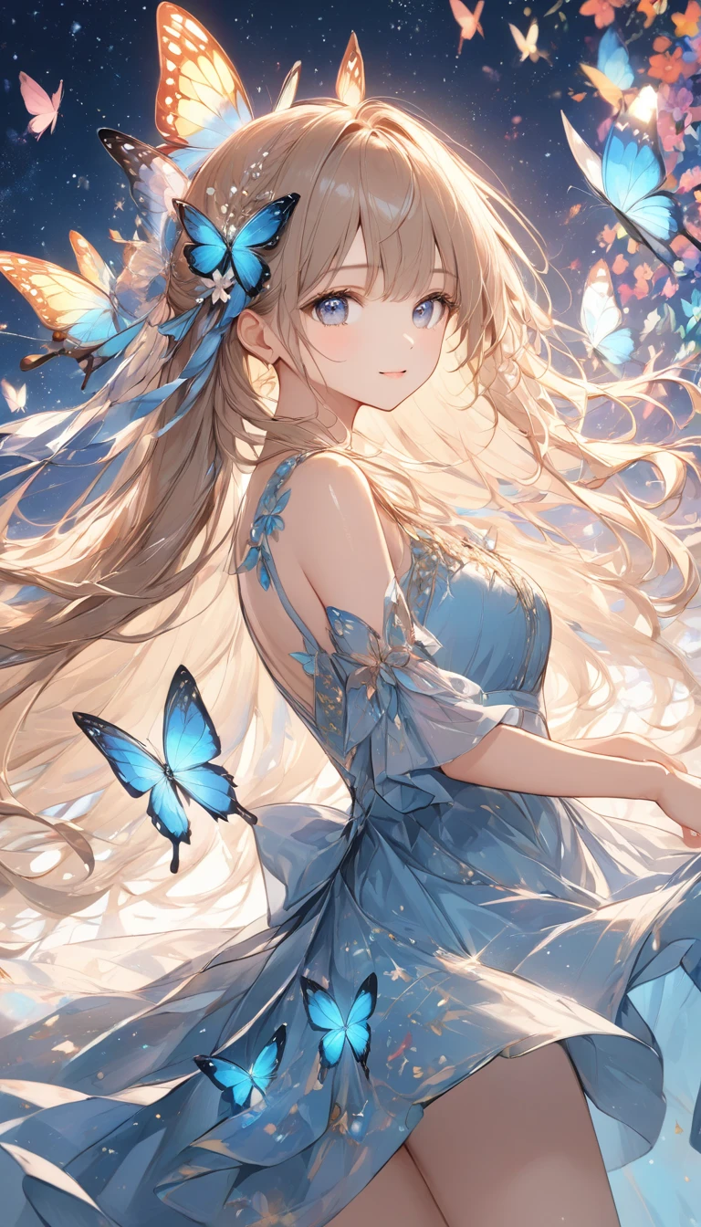 　 (exquisite, beautiful, very detailed, masterpiece, high quality, confused, High resolution, Full HD, 16k),Transparent illustration),(Interior of a baroque castle,indoor),A fairy with sapphire-colored butterfly-like wings.,(((Sapphire motif ball gown dress,Decorated with white lace, sapphire and frills))),(fairy princess),(blur the background a little),(sapphire tiara,sapphire choker,sapphire earrings),((long white gloves with lace decoration)),(small head,wavy hair)),plump plump lips, shiny appearance,Fair skin, slim,soft edge, soft lines, highly saturated colors, bright colors, Sapphire Gemstones,Blue rose,Blue petals,pastel colour