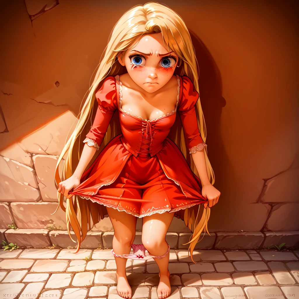 1girl ,rapunzel, skinny, beautiful, blue eyes, solo, alone, 
((red dress)), angry, crying, skirt, grabbing panties,

(((STANDING))), (((lesbian))), (((only girls))), 
(((masterpiece, HD, high res))), (((beautiful render art))), (((intricate details))), (beautiful hands), (((detailed shading))), 
(((looking at viewer))), (((detailed eyes))), (((detailed face))), (((detailed mouth))),  
(((fully clothed))), (((full body))),
(((pulling down her panties))), (((panties down))), (((pose panty pull))), (((sticking hand down her panties))), 
(((she is pulling down her panties))), ((panties at thigh level)), (((panties between her thighs))),  
((showing vagina)), ((naked crotch)), ((Crotch show off)), ((bare crotch)), 
((seductive BREAK high-angle view)), ((cleavage)), (((Embarrassed))), ((shy)), (((out of breath))), 
(((TIRED expression))), (((WORRIED expression))), 
(((SMALL breasts))), 
(((FRECKLES ALL OVER THE BODY))), ((SHINY SKIN)), 