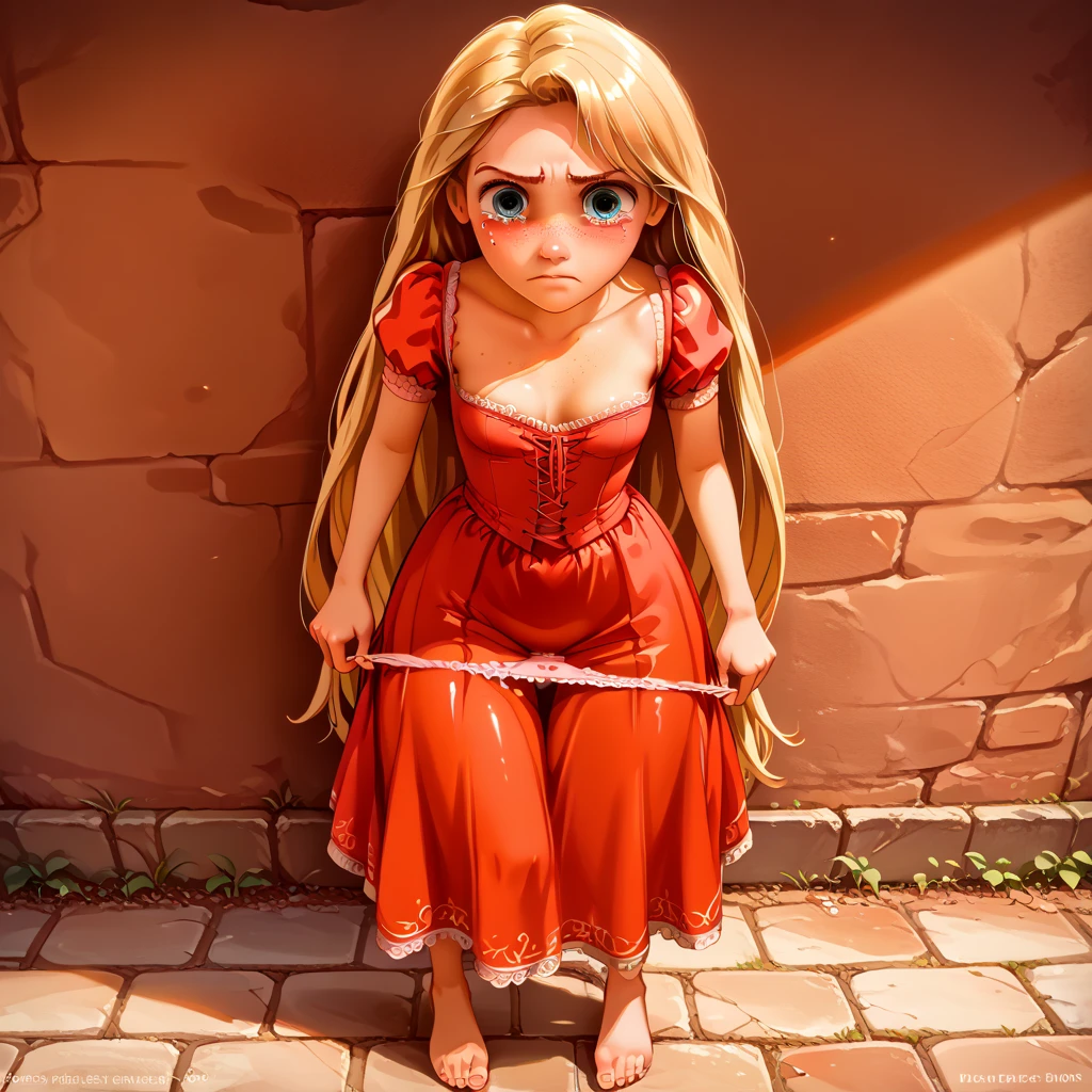 1girl ,rapunzel, skinny, beautiful, blue eyes, solo, alone, 
((red dress)), angry, crying, skirt, grabbing panties,

(((STANDING))), (((lesbian))), (((only girls))), 
(((masterpiece, HD, high res))), (((beautiful render art))), (((intricate details))), (beautiful hands), (((detailed shading))), 
(((looking at viewer))), (((detailed eyes))), (((detailed face))), (((detailed mouth))),  
(((fully clothed))), (((full body))),
(((pulling down her panties))), (((panties down))), (((pose panty pull))), (((sticking hand down her panties))), 
(((she is pulling down her panties))), ((panties at thigh level)), (((panties between her thighs))),  
((showing vagina)), ((naked crotch)), ((Crotch show off)), ((bare crotch)), 
((seductive BREAK high-angle view)), ((cleavage)), (((Embarrassed))), ((shy)), (((out of breath))), 
(((TIRED expression))), (((WORRIED expression))), 
(((SMALL breasts))), 
(((FRECKLES ALL OVER THE BODY))), ((SHINY SKIN)), 