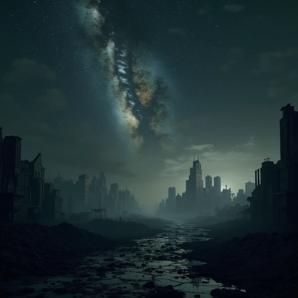 masterpiece, top quality, 8k, stunning dark destroyed city, dark atmosphere, the city is very far from the camera view, dead city, full view of the city, many stars is in the deep black sky, milky way galaxy in the sky.