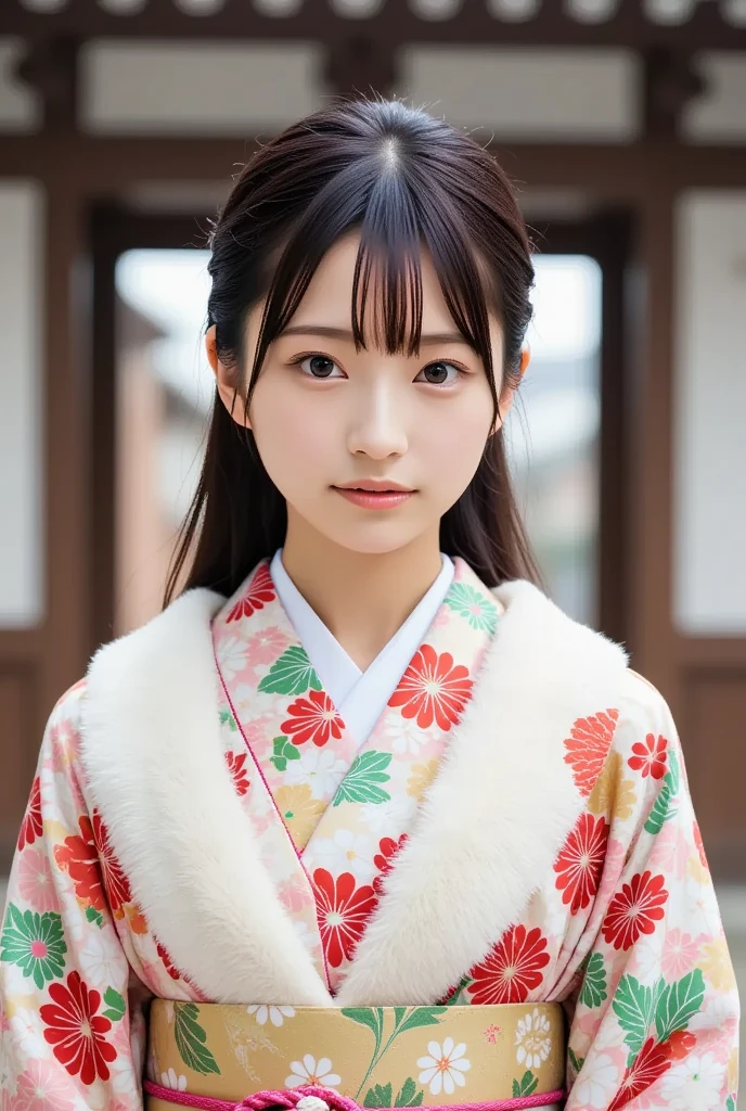 A youthful and gorgeous young Japanese woman with a traditional hairstyle, wearing a sophisticated kimono, poses at a snowy shrine gate, (masterpiece, best quality 1.4), (8k, RAW photo:1.2), (realistic, photo realistic:1.4), ultra-high resolution, (high-definition 8K wallpaper), detailed facial features, radiant skin, soft focus, (kimono, nagajuban, obijime, warm zori, snow cape:1.2), (snowy temple visit).