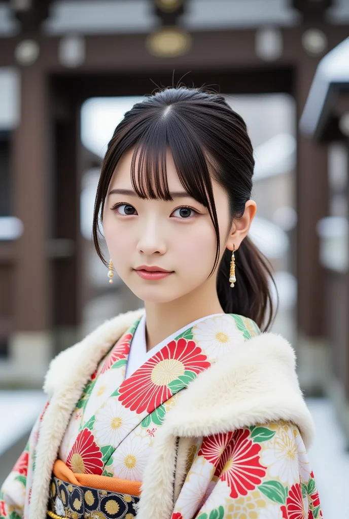 A youthful and gorgeous young Japanese woman with a traditional hairstyle, wearing a sophisticated kimono, poses at a snowy shrine gate, (masterpiece, best quality 1.4), (8k, RAW photo:1.2), (realistic, photo realistic:1.4), ultra-high resolution, (high-definition 8K wallpaper), detailed facial features, radiant skin, soft focus, (kimono, nagajuban, obijime, warm zori, snow cape:1.2), (snowy temple visit).