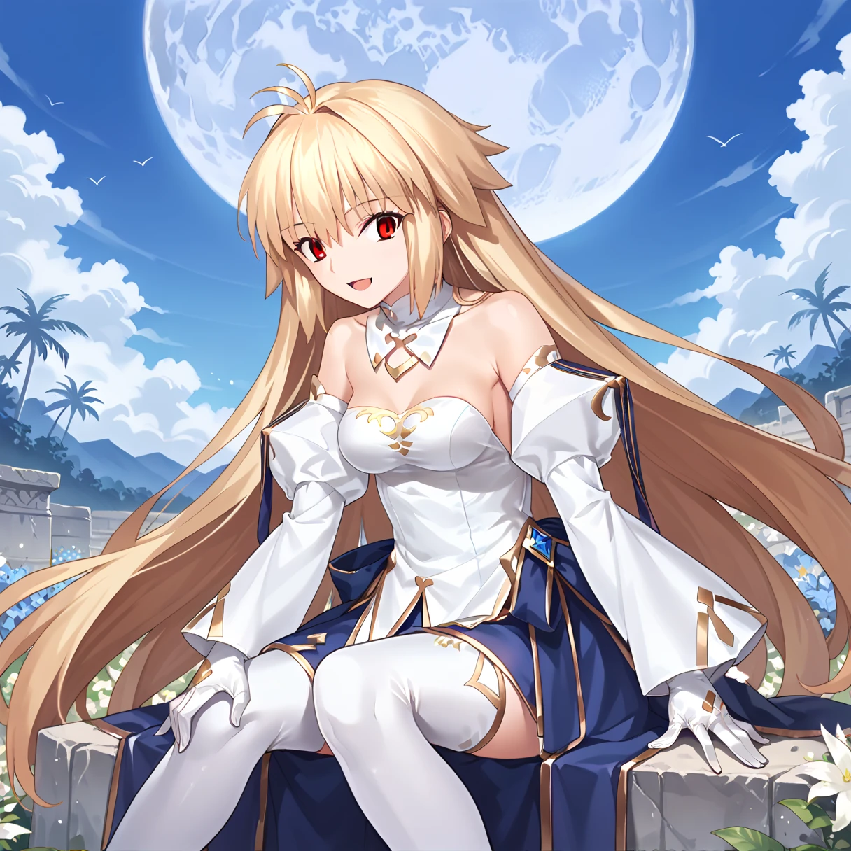  1 girl , Alone, arc_1,  long hair,  red eyes, slit pupils, very  long hair,   antenna hair, bangs,  hair intakes,   dress, Separate sleeves, chest,  gloves, Blonde, Bare shoulders, Blonde,  clevis on a stone,   detached color , white  gloves, strapless  dress, white  dress,   blue skirt,  Gold Trim , Flower Field, ( sitting:1.2),  (At the scene :1.2),  Full Moon ,   knight ,   knight  sky, smile, ( holding her knee:1.2),  watching viewers against a tropical island in the background,
score_9, score_8_up, score_7_up, masterpiece,
