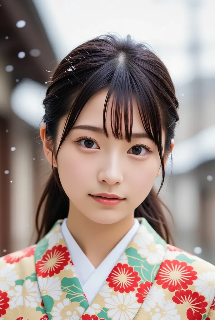 A stunning and charming young Japanese woman in a patterned kimono, walks through the heavy snowfall at a Japanese shrine, (masterpiece, best quality 1.4), (8k, RAW photo:1.2), (realistic, photo realistic:1.4), ultra-high resolution, (high-definition 8K wallpaper), beautiful big eyes, detailed hair, dynamic lighting, edge depth, (kimono, haori, obimakura, snow geta, fox stole:1.2), (snowy festive atmosphere).