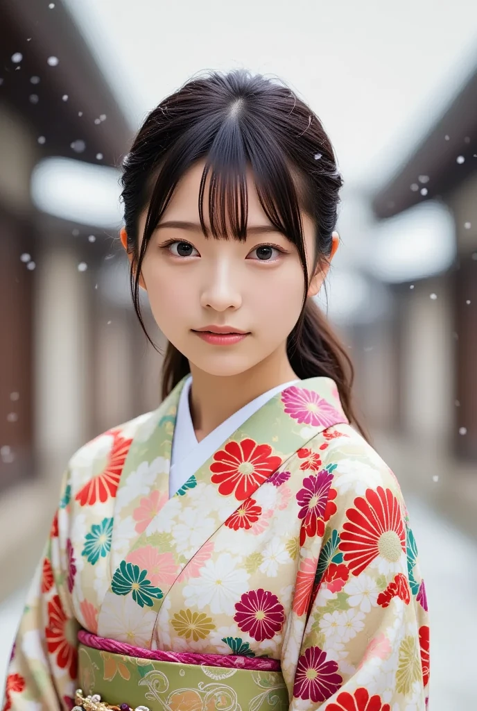 A stunning and charming young Japanese woman in a patterned kimono, walks through the heavy snowfall at a Japanese shrine, (masterpiece, best quality 1.4), (8k, RAW photo:1.2), (realistic, photo realistic:1.4), ultra-high resolution, (high-definition 8K wallpaper), beautiful big eyes, detailed hair, dynamic lighting, edge depth, (kimono, haori, obimakura, snow geta, fox stole:1.2), (snowy festive atmosphere).