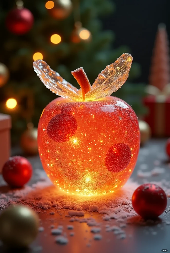 An apple made from transparent candy,The gift is glowing ,,Microscopic Photography ,Christmas atmosphere,Transparent texture,Clear syrup ，The Christmas tree is glowing，snowflake, ( Christmas atmosphere in the room :1.5)， Ultra HD, masterpiece ,  height details,  high quality ,  best quality, HD Symbol 