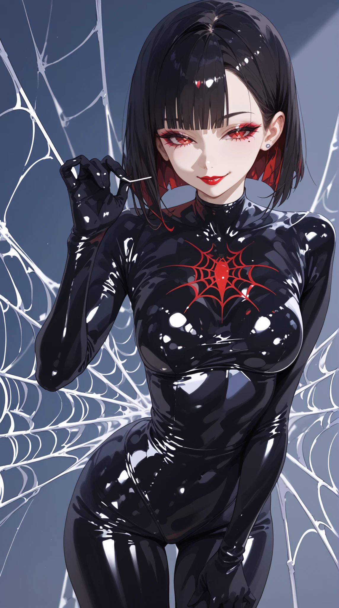 1 young beautiful woman,(masterpiece:1.3, top quality :1.3, very detailed depiction:1.3, Incredible High Definition :1.3,High quality anime drawings),(Arachne:1.5, shiny latex ,A member of an evil organization,Black costume,),( red eyes,Vertically drawn pupils, half-closed eyes:1.3, big boobs, seductive smile,Glossy lipstick, flashy makeup,Seductive gestures,Curvy Body,High quality skin,),Spider legs,Spider&#39;s Thread, spider webs ,