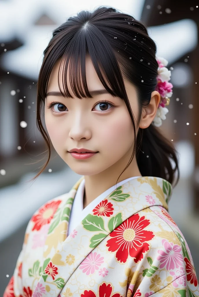 A stunning and charming young Japanese woman in a patterned kimono, walks through the heavy snowfall at a Japanese shrine, (masterpiece, best quality 1.4), (8k, RAW photo:1.2), (realistic, photo realistic:1.4), ultra-high resolution, (high-definition 8K wallpaper), beautiful big eyes, detailed hair, dynamic lighting, edge depth, (kimono, haori, obimakura, snow geta, fox stole:1.2), (snowy festive atmosphere).