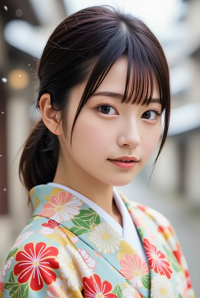 A stunning and charming young Japanese woman in a patterned kimono, walks through the heavy snowfall at a Japanese shrine, (masterpiece, best quality 1.4), (8k, RAW photo:1.2), (realistic, photo realistic:1.4), ultra-high resolution, (high-definition 8K wallpaper), beautiful big eyes, detailed hair, dynamic lighting, edge depth, (kimono, haori, obimakura, snow geta, fox stole:1.2), (snowy festive atmosphere).