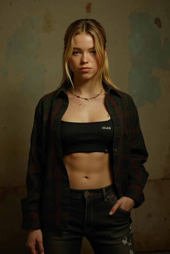 Milly Alcock,blonde hair, open flannel jacket, black midriff strapples top, the last of us style 