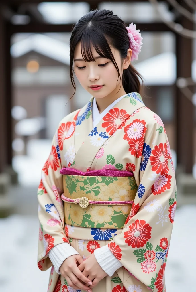 A radiant and adorable young Japanese woman wearing a silk kimono, bows her head in prayer at a snow-covered Japanese shrine, (masterpiece, best quality 1.4), (8k, RAW photo:1.2), (realistic, photo realistic:1.4), ultra-high resolution, (high-definition 8K wallpaper), serene expression, gentle lighting, slightly blurred background, (kimono, fukuro obi, uchiwa, snow boots, hand warmer:1.2), (snowy New Year's tradition).