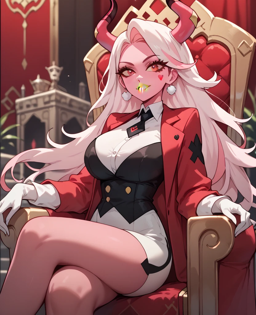 woman, big breasts, yellow lipstick, white hair, light pink hair, multicolored hair, long hair, horns, red eyes, pink skin, fusion, anime style, red suit, sitting on a throne, Charlie 