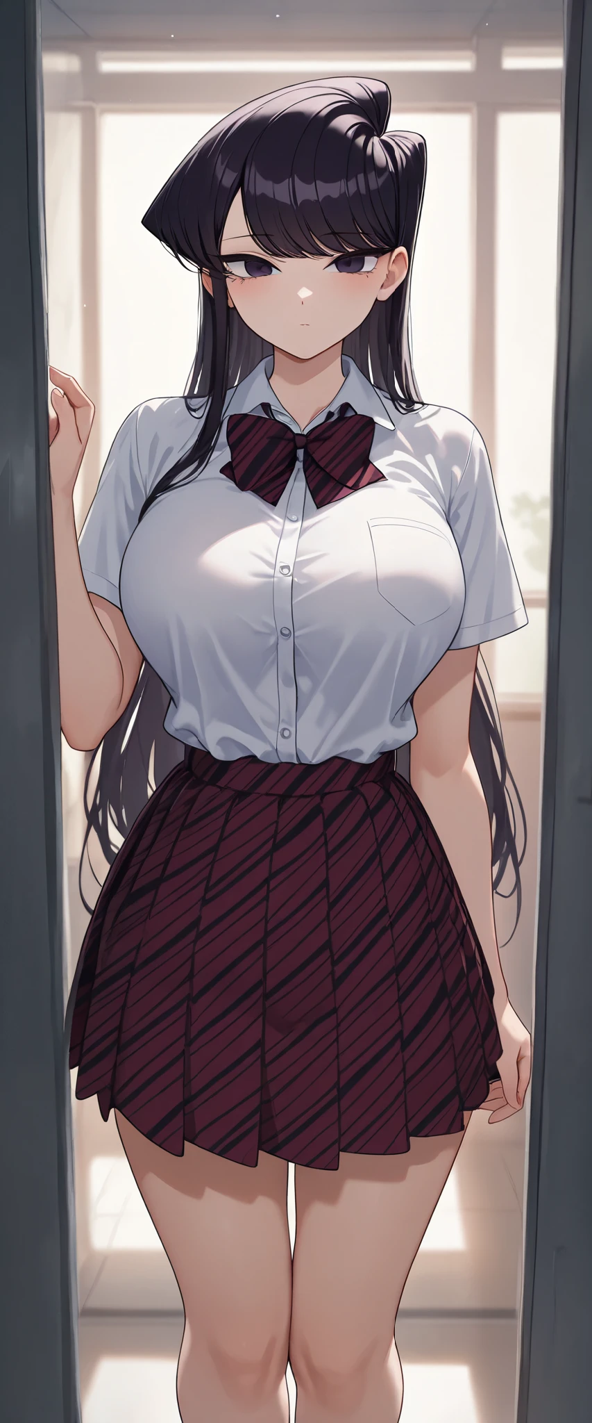 masterpiece,best quality,newest,absurdres,highres,komi_shouko,1girl, black eyes, purple eyes, long hair, black hair, large breasts, school uniform, school uniform,