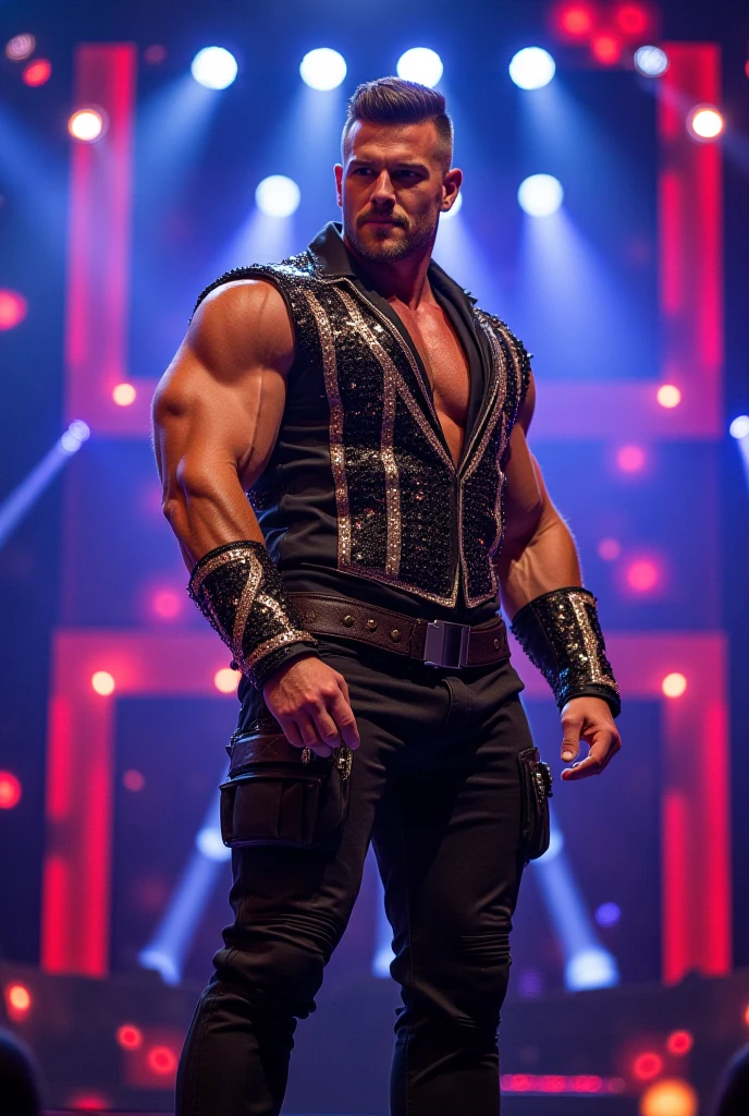 A cold ominous dangerous looking cowboy inside a wrestling ring
