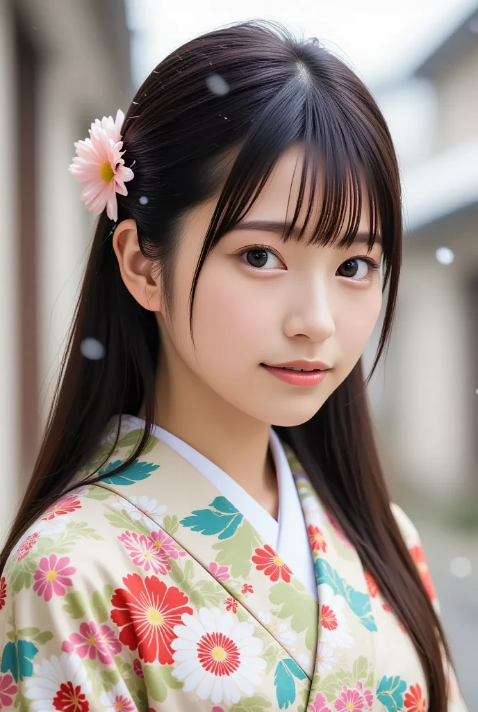 A realistic, upper-body portrait of a young Japanese woman wearing a traditional kimono with a floral print, standing outdoors in a gentle snowfall. She has long black hair adorned with a flower hair ornament and is smiling softly, looking directly at the viewer with her brown eyes. Her obi and sash are clearly visible, completing the serene scene.