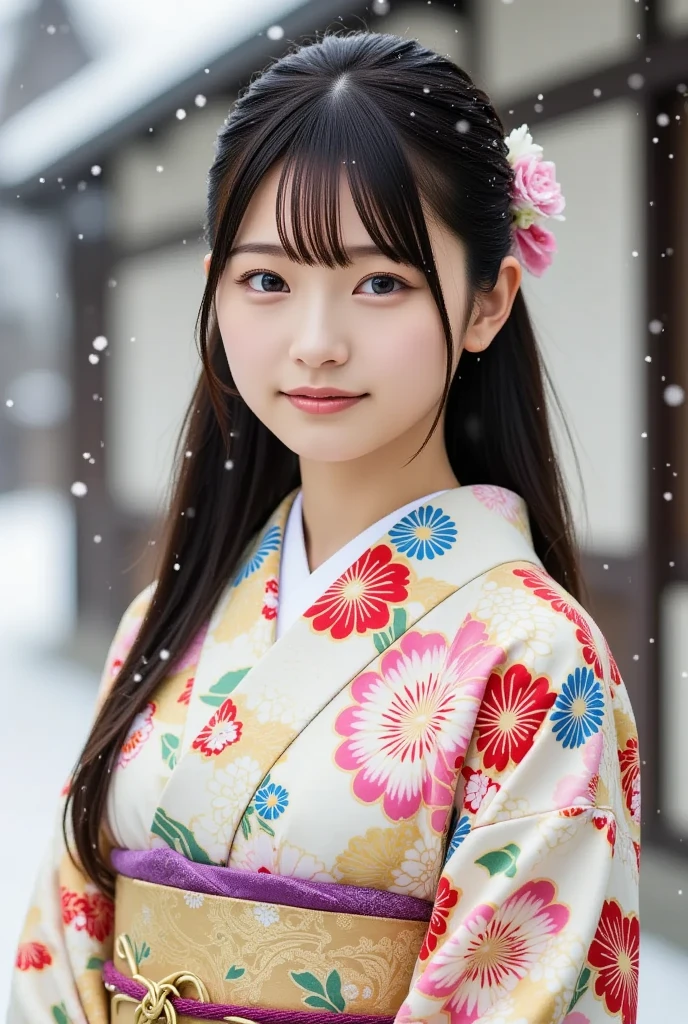 A realistic, upper-body portrait of a young Japanese woman wearing a traditional kimono with a floral print, standing outdoors in a gentle snowfall. She has long black hair adorned with a flower hair ornament and is smiling softly, looking directly at the viewer with her brown eyes. Her obi and sash are clearly visible, completing the serene scene.