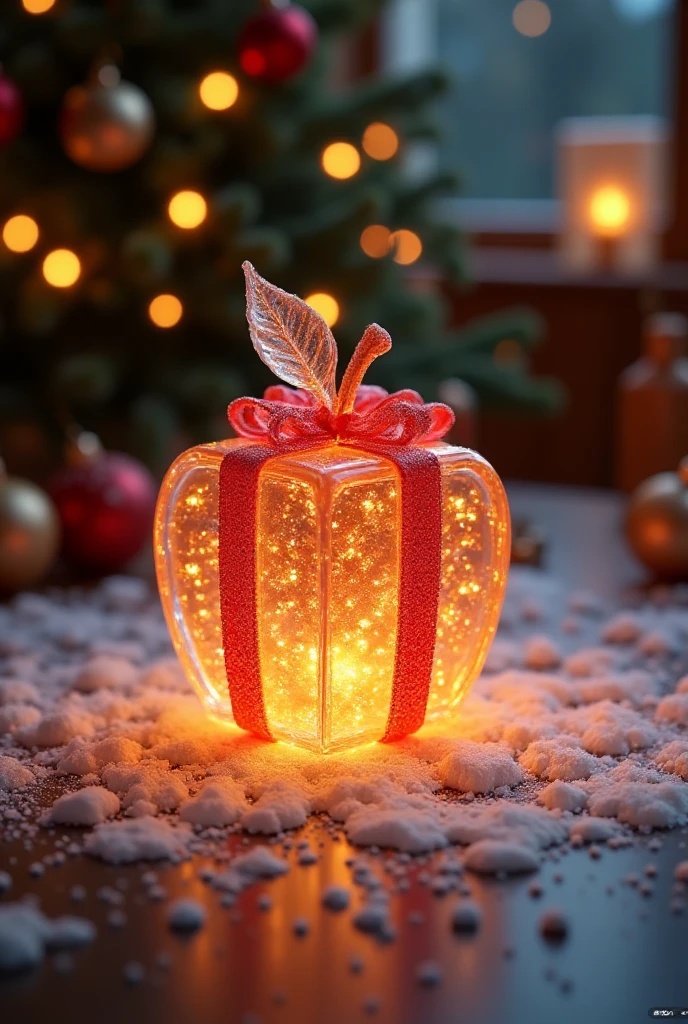 An apple made from transparent candy,The gift is glowing ,,Microscopic Photography ,Christmas atmosphere,Transparent texture,Clear syrup ，The Christmas tree is glowing，snowflake, ( Christmas atmosphere in the room :1.5)， Ultra HD, masterpiece ,  height details,  high quality ,  best quality, HD Symbol 