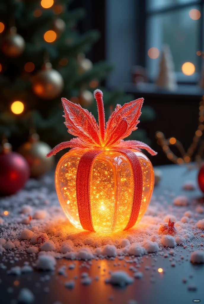 An apple made from transparent candy,The gift is glowing ,,Microscopic Photography ,Christmas atmosphere,Transparent texture,Clear syrup ，The Christmas tree is glowing，snowflake, ( Christmas atmosphere in the room :1.5)， Ultra HD, masterpiece ,  height details,  high quality ,  best quality, HD Symbol 