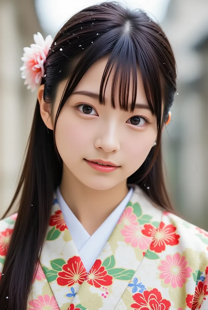 A realistic, upper-body portrait of a young Japanese woman wearing a traditional kimono with a floral print, standing outdoors in a gentle snowfall. She has long black hair adorned with a flower hair ornament and is smiling softly, looking directly at the viewer with her brown eyes. Her obi and sash are clearly visible, completing the serene scene.