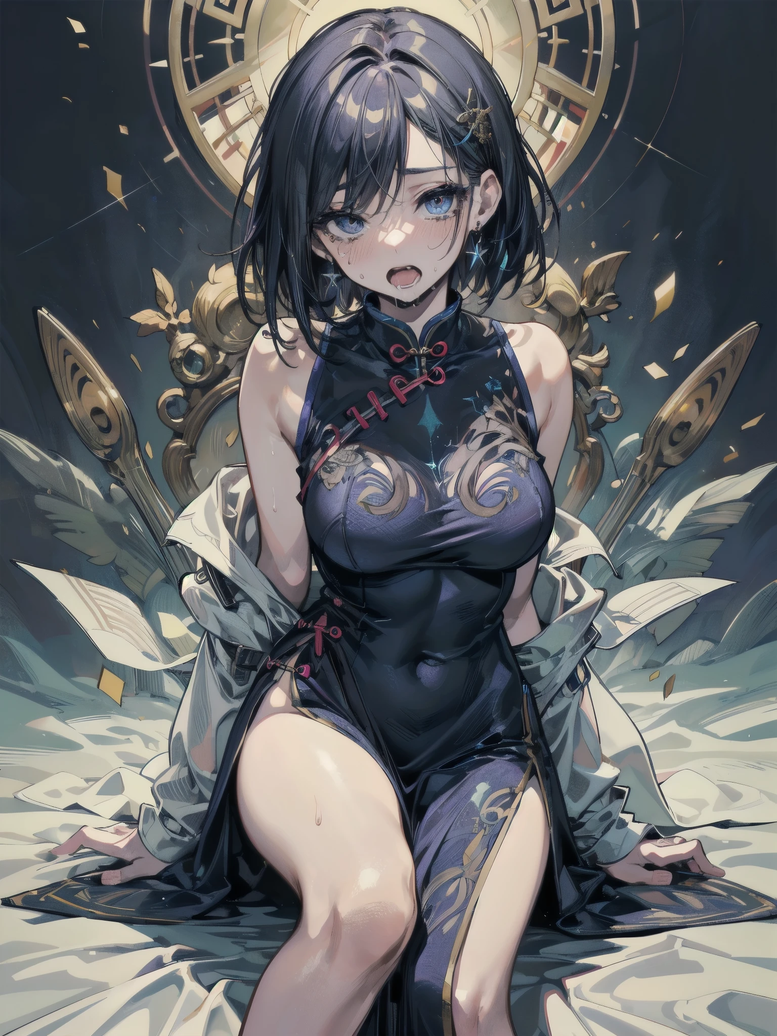 (masterpiece、top-quality、top-quality、afrocentricpaiting(afro)、african-american completion Official Art、Beautifully Aesthetic dark skin:1.2)、(1girl in:1.3)、(Fractal art:1.3)、full body、looking at the viewers、patterns、(rainbow-colored hair、colourful hair、african ink、clouds、starrysky、stele、Rough kanji、