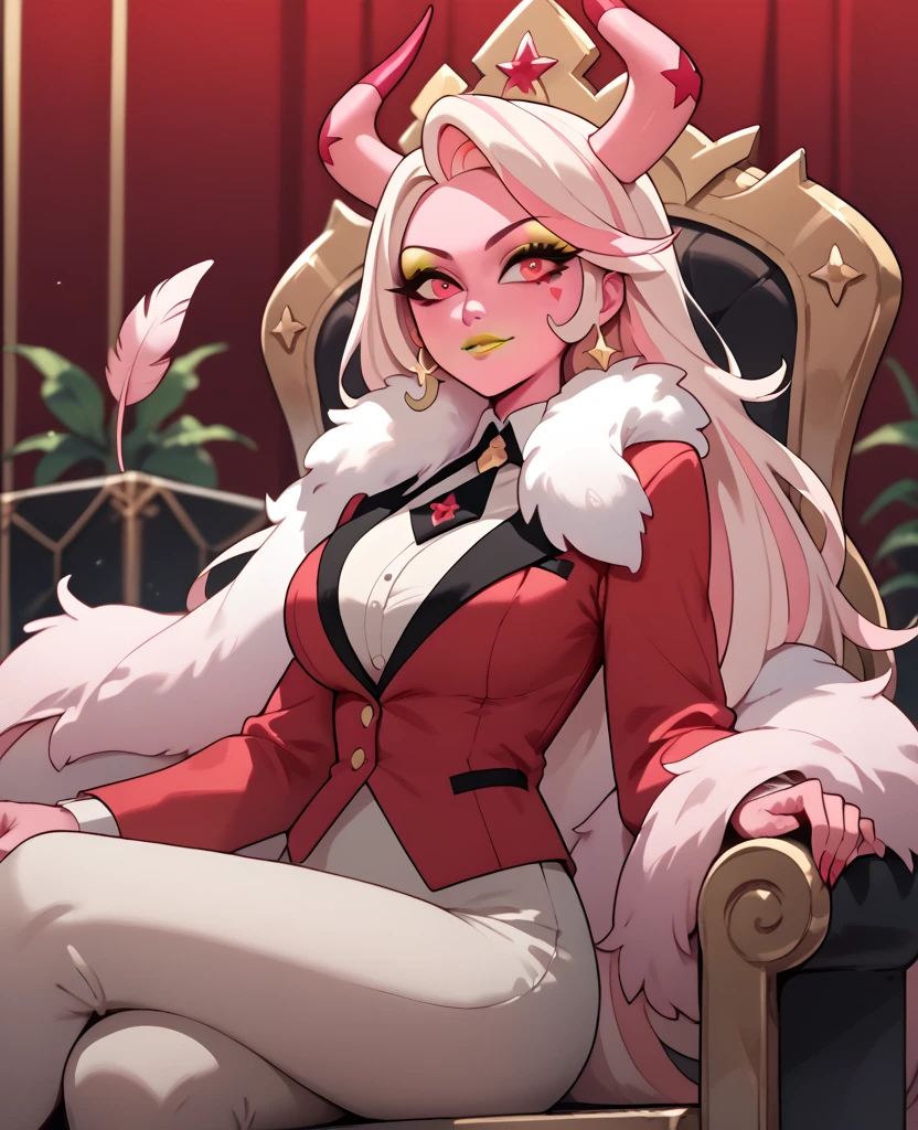 woman, big breasts, yellow lipstick, white hair, light pink hair, multicolored hair, long hair, horns, red eyes, pink skin, fusion, anime style, red suit, sitting on a throne, pink feather scarf, Charlie Morningstar