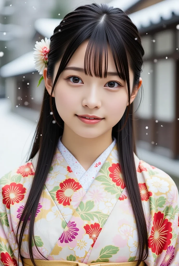 A realistic, upper-body portrait of a young Japanese woman wearing a traditional kimono with a floral print, standing outdoors in a gentle snowfall. She has long black hair adorned with a flower hair ornament and is smiling softly, looking directly at the viewer with her brown eyes. Her obi and sash are clearly visible, completing the serene scene.