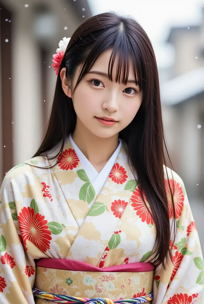 A realistic, upper-body portrait of a young Japanese woman wearing a traditional kimono with a floral print, standing outdoors in a gentle snowfall. She has long black hair adorned with a flower hair ornament and is smiling softly, looking directly at the viewer with her brown eyes. Her obi and sash are clearly visible, completing the serene scene.