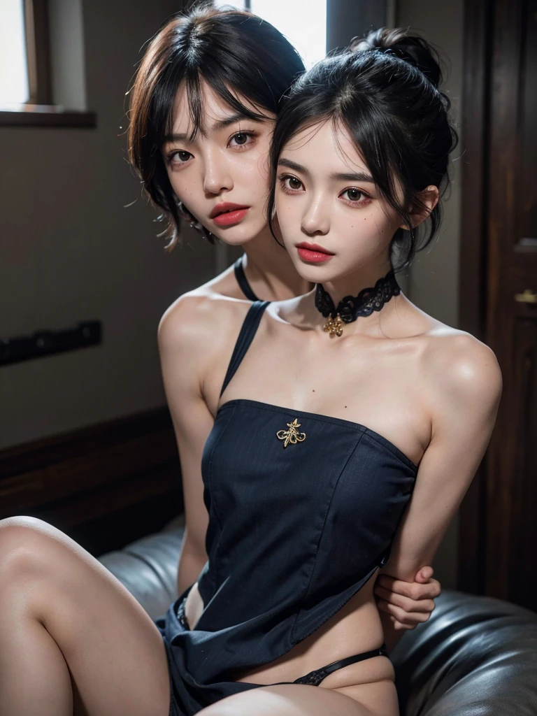(msterpiece:1.3), (8k, RAW photo, best quality: 1.4), beautiful face, beautiful hairstyle, beautiful detailed eyes, beautiful skin, absurdres, attractive, ultra high res, highly detailed,NSFW, 2 girls in abandoned underground basement,necklace,arms behind back,evil smile, ultra detailed skin,Heavy makeup, flower hairpin,colorful patterned lace dress, dirty ground,on bed, exposed pussy,long hair,blood, vagina spurting blood,slim legs,knife,vaginal knife insertion,