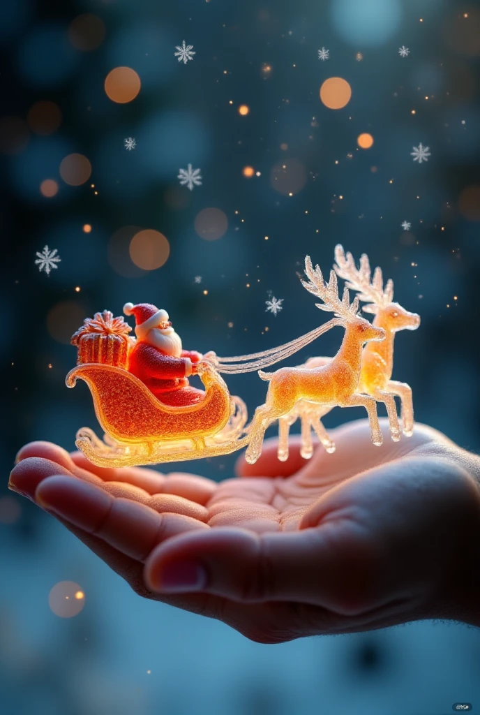 A sleigh pulled by Santa's reindeer, made of transparent candy, flies in the sky on the palm of a giant figure,,The gift is glowing ,,Microscopic Photography ,Christmas atmosphere,Transparent texture,Clear syrup ，snowflake, ( Christmas atmosphere :1.5)， Ultra HD, masterpiece ,  height details,  high quality ,  best quality, HD Symbol 