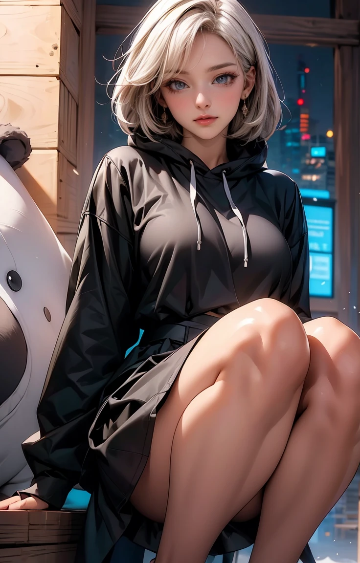 Anime girl with short white hair with Little Black Bear hoodie and Black clothes and black skirt and light honey blue eyes and white skin 