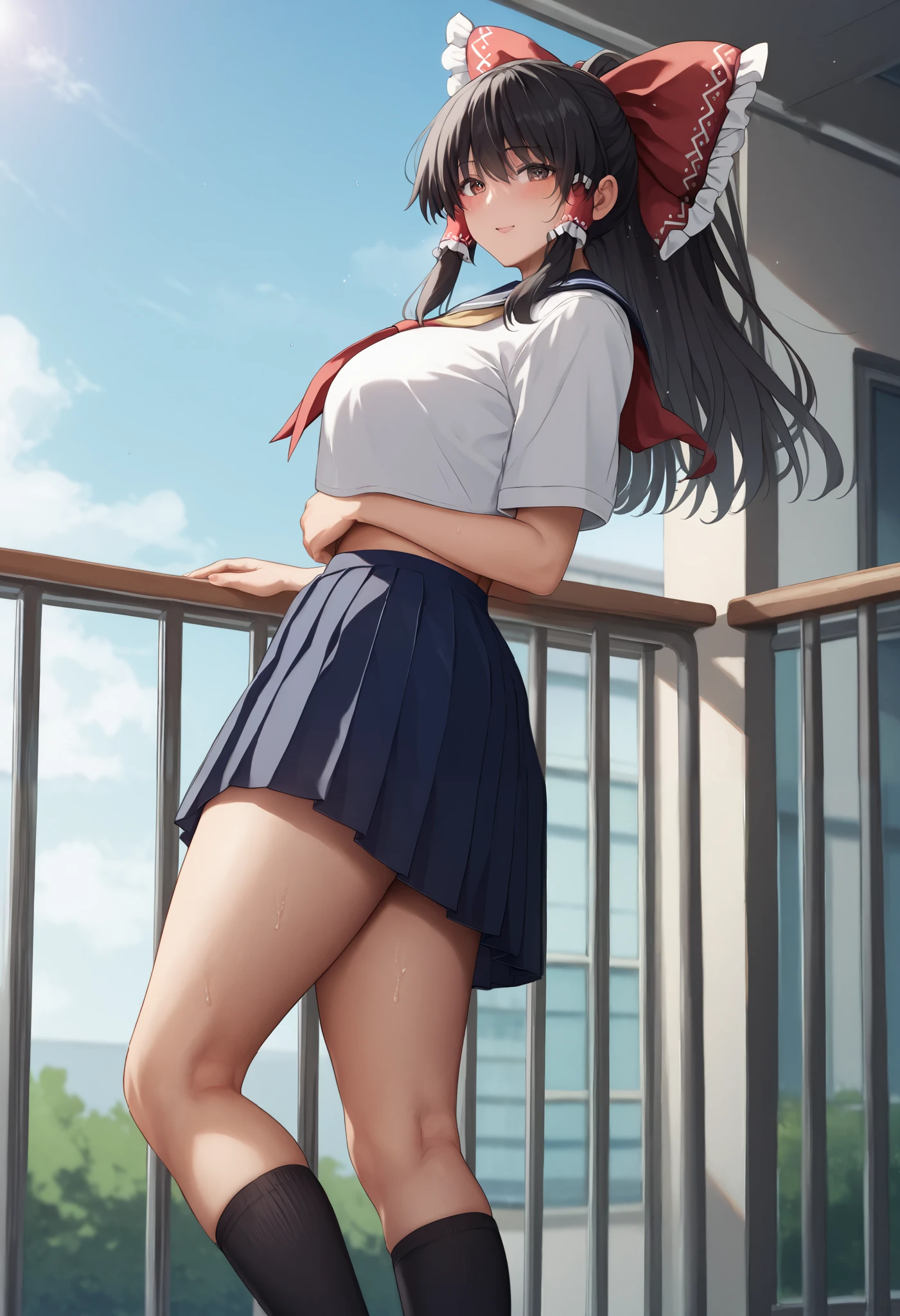masterpiece,  top quality , 1 person,(,  Show Viewers ,), detailed background、 The person who writes in detail 、 accurate human body、 Knowledgeable person 、(Exact 5 fingers), mature woman, thighsが太い, curvy body on the body、 thighs、Alone,( middle breasts),dressed in school uniform a woman is posed on a balcony and wearing a high heel, 1girl, Alone, school uniform, skirt, long hair, looking back, socks,  serafuku, looking at viewer, pleated skirt, kneehighs, railing, black socks, neckerchief, black hair,for once, Hakurei Reimu,after sex