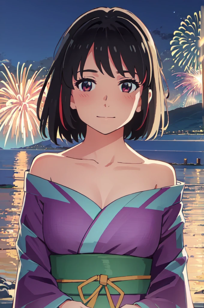 masterpiece, best quality, ultra detailed, highres, extremely detailed CG unity 8k wallpaper, perfect lighting,  very detailed background, beautiful and aesthetic,sharp focus, perfect face, dynamic pose, dynamic angle,
1girl, upper body, (portrait:1.1), multicolored yukata, kanzashi, looking at viewer,  full-face blush, from side, from below, smile,
night, dark sky, misty lake, mountainous horizon, break,aerial fireworks,  (Full of sky fireworks:1.2),
Shoulder Bare、Off the shoulder、(大きな胸)