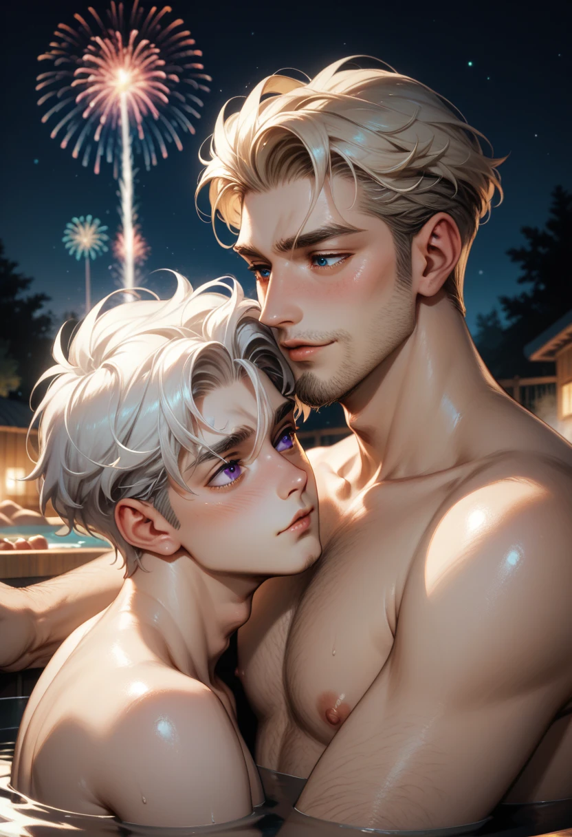 score_9, score_8_up, score_7_up, score_6_up, duo focus, 2men, gay couple, cuddle in hot tub, blush, outdoor barbecue, night time, fireworks, sat in hot tub, cheek kiss, 
[mature male, blue eyes, short cropped hair, blonde hair, stubble, short beard], BREAK, [young adult, short hair, white hair, hair between eyes, purple eyes, no beard]