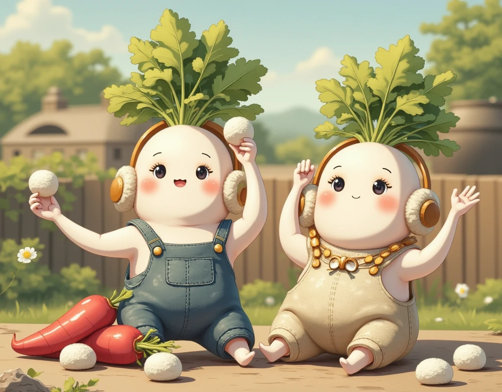 (masterpiece:1.3, top quality :1.3, detailed depiction :1.3, Amazing high definition :1.3, High Quality Anime Paintings ), cute fat radishes ,  wearing fluffy overalls ,  wearing earmuffs ,  wearing mochi , Waving pestles ,  long stretches are attached to pestle holder, mortar, Outdoors