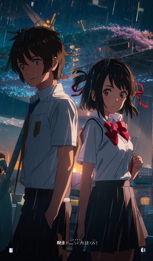 (8k, raw photo, masterpiece, extremely detailed, best quality, professional lighting, high res), (beautiful and adorable girl), mitsuha miyamizu, black hair, (brown eyes:1.5), short hair, hairband, ribbon, school uniform, hair ribbon, red ribbon, sweater vest, blue sweater vest, shirt, white shirt, collared shirt, long sleeves, skirt, black skirt, pleated skirt, energetic girl, BREAK smile, eyecontact