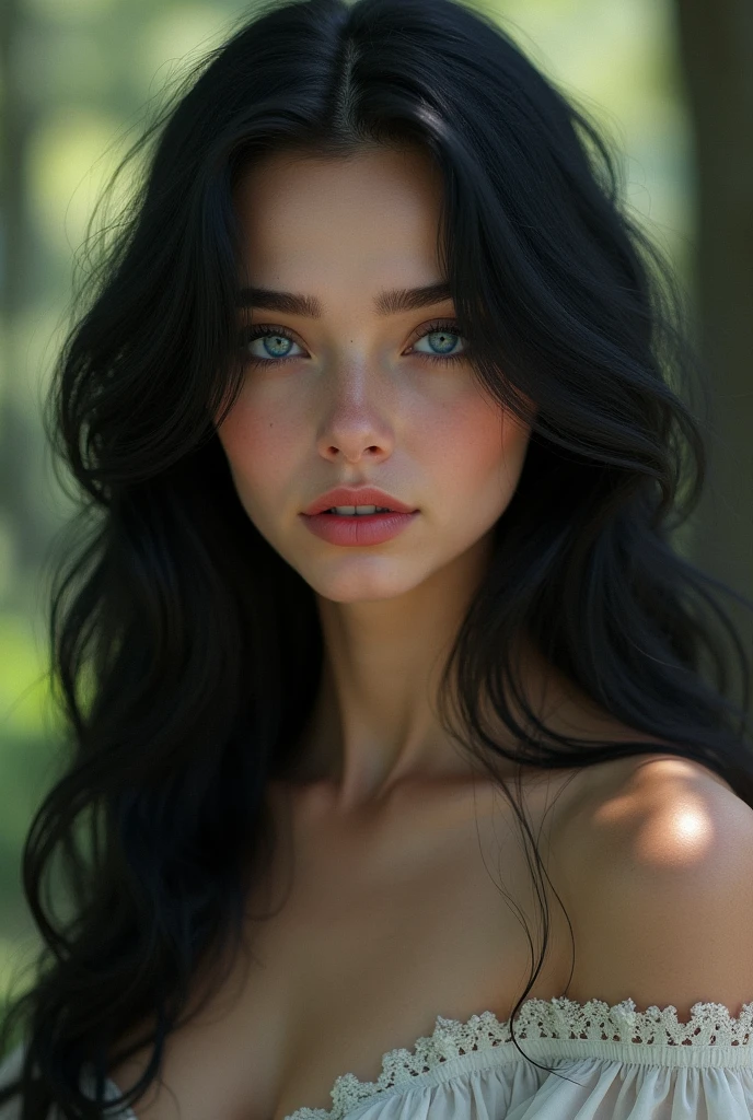 A photo of pthc girl with a very beautiful face, blue eyes, and a very large chest. She is wearing a sexy outfit. The background is blurred and contains trees.