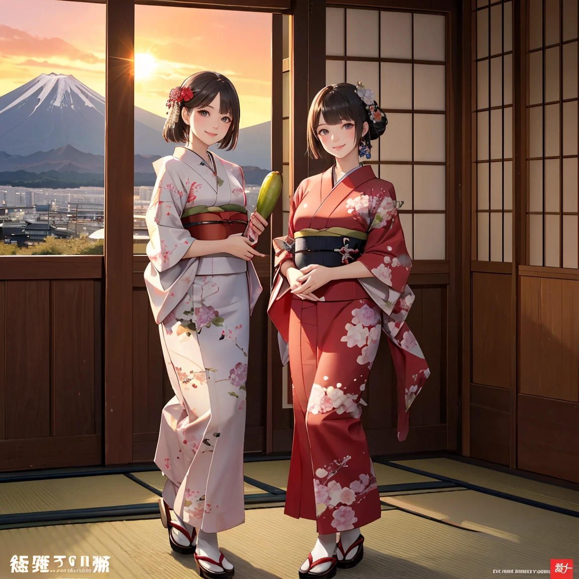 masterpiece,best quality,ultra-detailed,photo-realistic,soft lighting,full body,(ultra-detailed gorgeous_kimono:1.2),Japanese-styles hair,Three girls frontal body,holding big Eggplant in hand,happy smile,text as "A HAPPY NEW YEAR" on background,front view,SFW
BREAK
(in front mt.Fuji,beautiful sunrise,flying hawk)