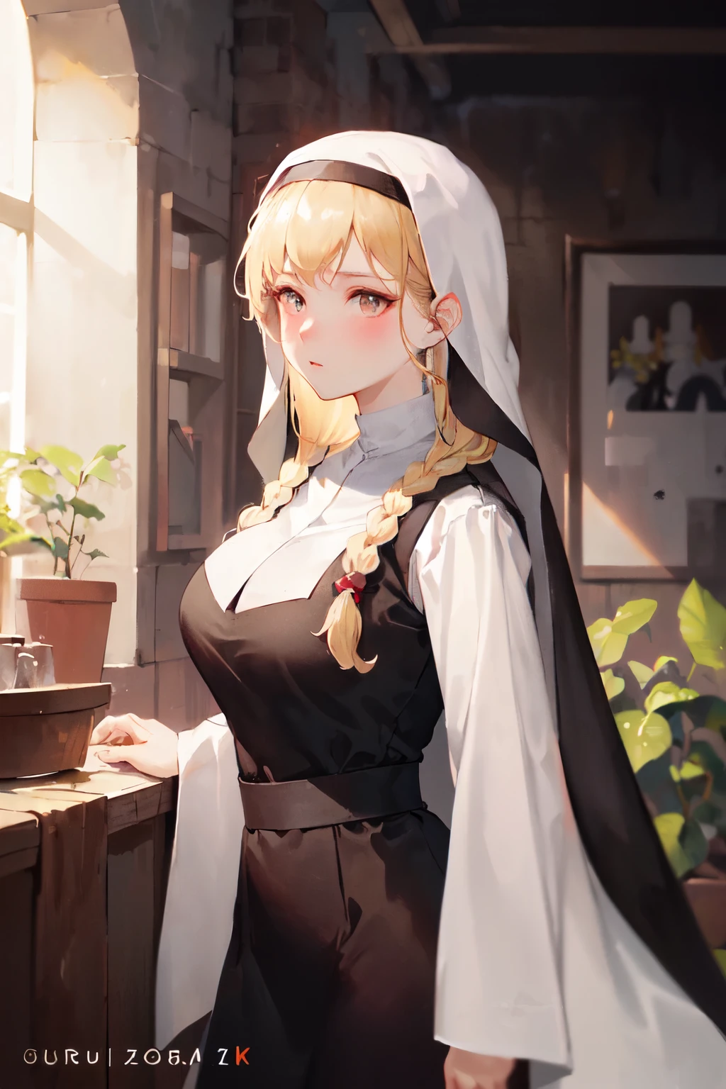 ((master piece)), best quality, (8k, best quality, masterpiece:1.2), ultra-detailed, illustration, female, nun, beauty, perfect face, perfect hair, veil, breast, blonde, sensual, indoor, Braid, Backlighting, God Rays, Blush, art by guweiz