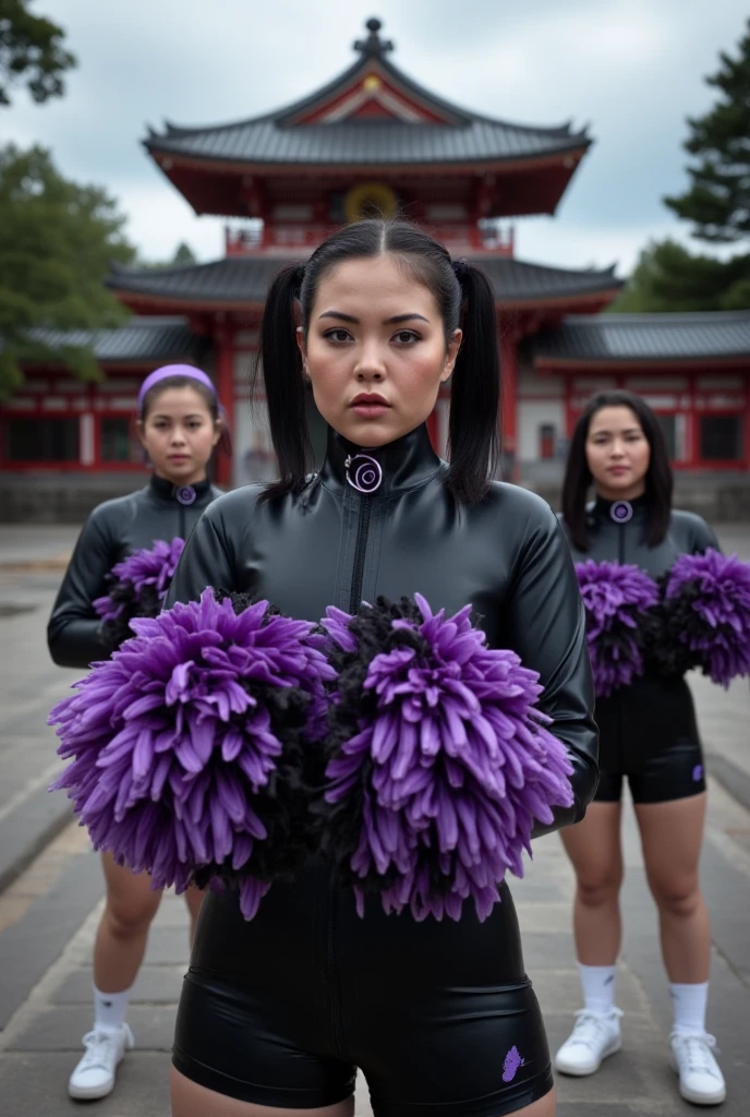 live image ,full body image,Japanese temple background. full body photo of  a squad of caucasian women with black medium  hair in a ponytail, blank purple  spiral eyes with no pupils, purple and black collar with a leash loop, headband, dressed in a purple and black  cheerleader uniform with a yellow footprint symbol on it , holding purple and black pom poms  smiling vaccantly doing cheer poses