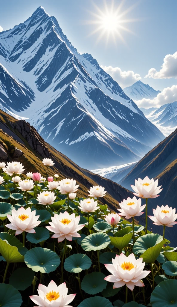 The majestic Tianshan Mountain , snow lotuses bloom like a wonderland , golden phoenix wants to fly , against the backdrop of snowy mountains, making it even more sacred, blue sky and white clouds intertwine , reveals fantasy in serenity , oil painting style ,Genres , long-range perspective , top light irradiates , interlaced light and shadow ,Ultimate image quality, with 8K resolution 。