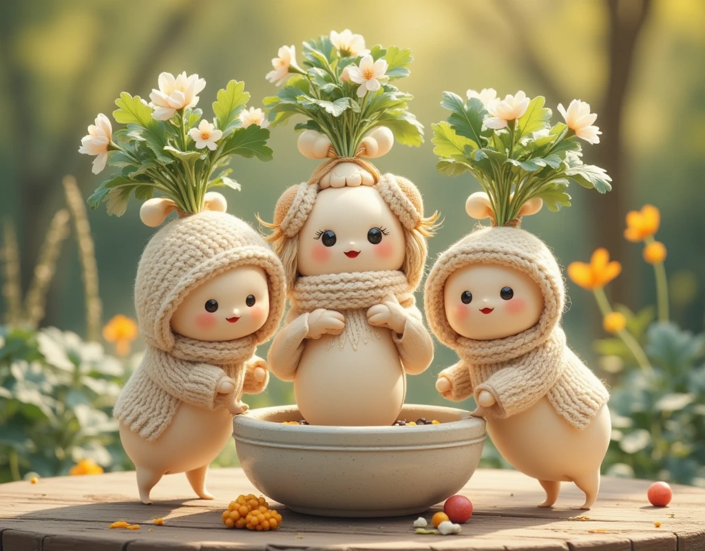 (masterpiece:1.3, top quality :1.3, detailed depiction :1.3, Amazing high definition :1.3, High Quality Anime Paintings ), cute fat radishes ,  are wearing fluffy sweaters,  wearing earmuffs , Cute radishes ,  wearing mochi , Waving pestles ,  long stretches are attached to pestle holder, mortar, Outdoors